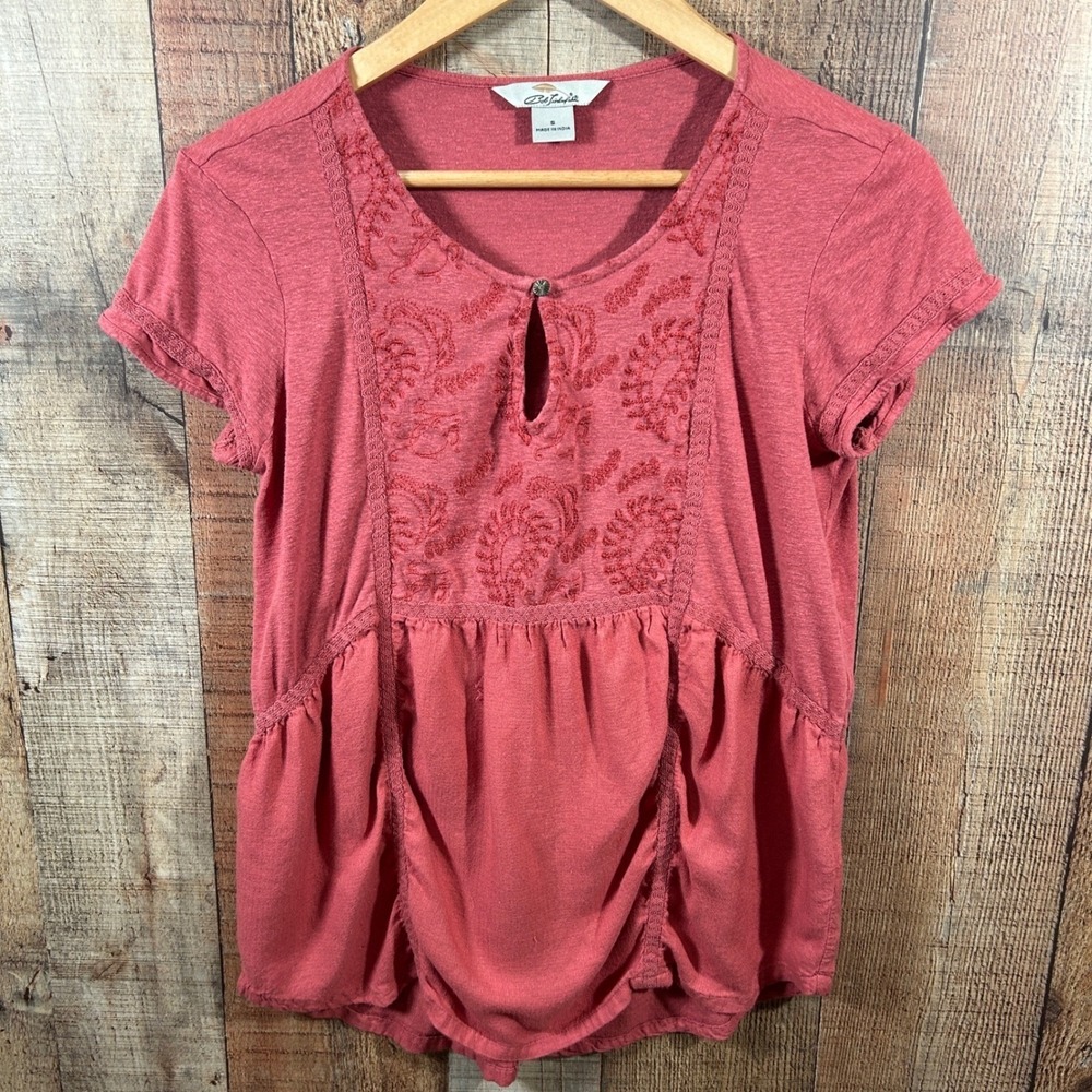 Coral Embroidered Boho Peasant Top Rayon Linen Blend Short Sleeve Small